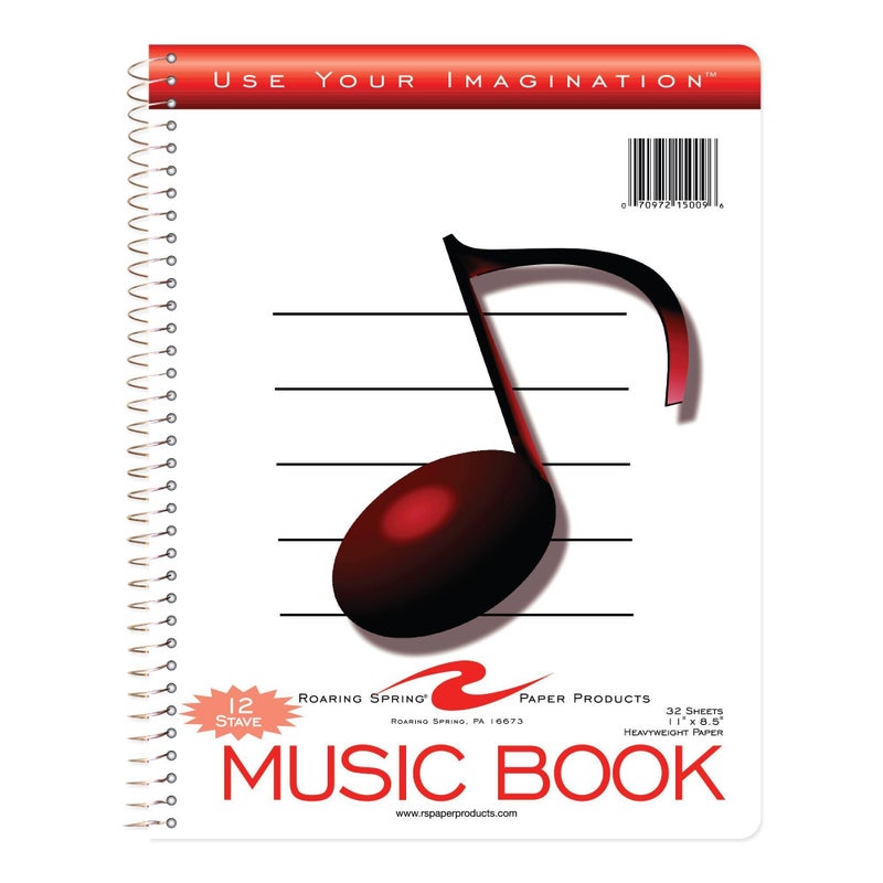 Roaring Spring Music Wire Bound Notebook, 12 Staves of Music Lines, 11" x 8.5", 32 Sheets Heavyweight Smooth White Paper (Pack of 1) - Image 1